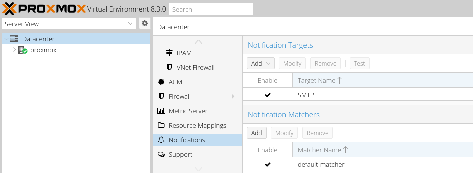 Proxmox Notification tab