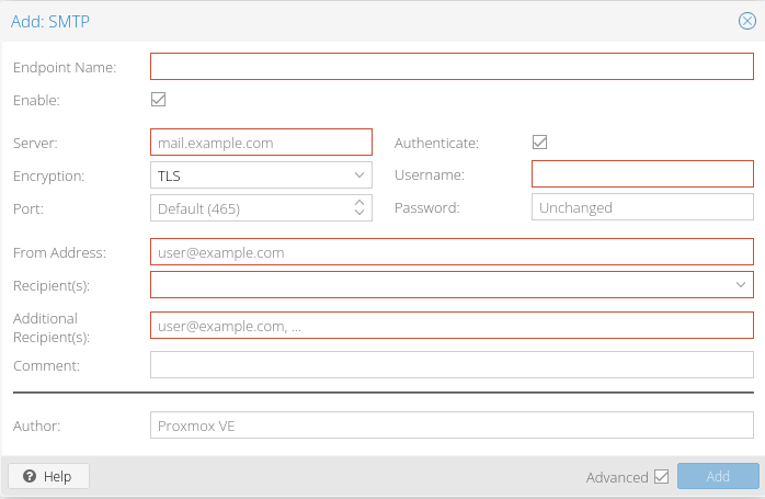 Proxmox SMTP form